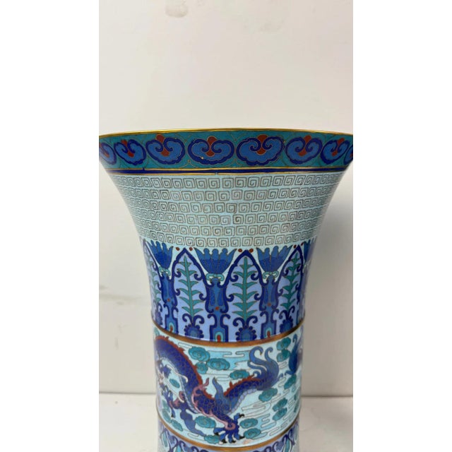 Pair of Chinese Cloisonne Enamel Trumpet Form Vases Blue Dragon Motif For Sale In New York - Image 6 of 10