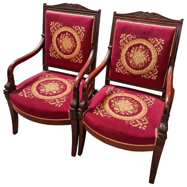 Empire Mahogany Armchairs in Petit Point, Set of 2 For Sale - Image 5 of 5