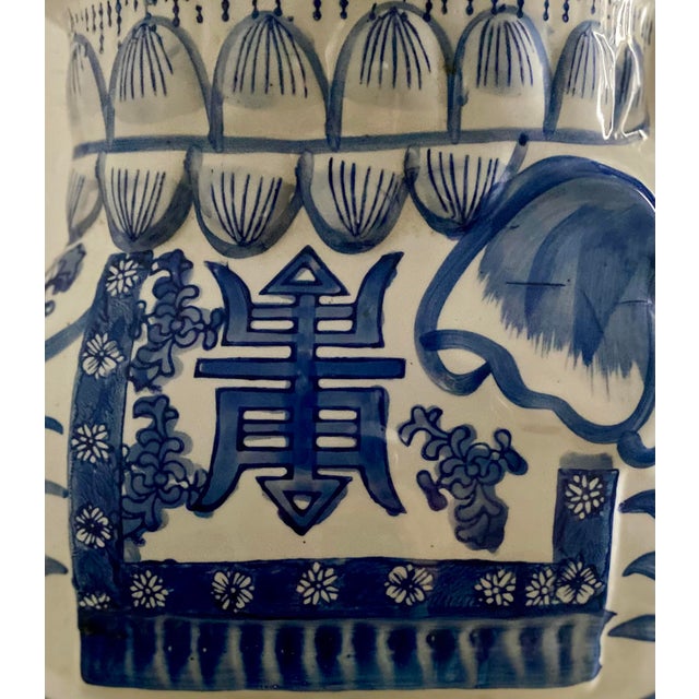 Vintage Ceramic Chinoiserie Blue & White Elephant Plant Stand or Garden Stool For Sale - Image 11 of 12