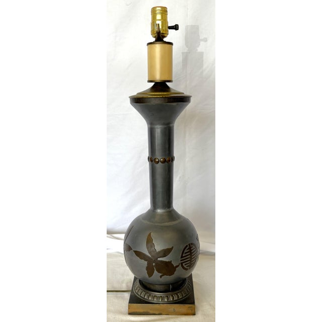 Gray Vintage Chinoiserie Metal Lamp With Raised Koi Fish Design Circa 1970's For Sale - Image 8 of 12