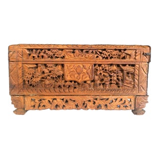 Vintage Chinese Hand-Carved Camphor Wood Box For Sale