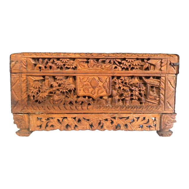 Vintage Chinese Hand-Carved Camphor Wood Box For Sale