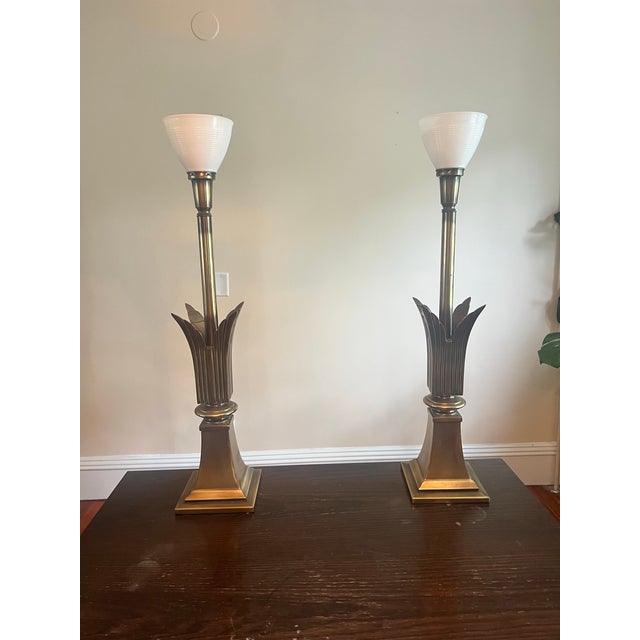 Metal 1970s Rembrandt Lamp Company Hollywood Regency Brass Palm Leaf Torchiere Table Lamps With Original Shades - a Pair For Sale - Image 7 of 12