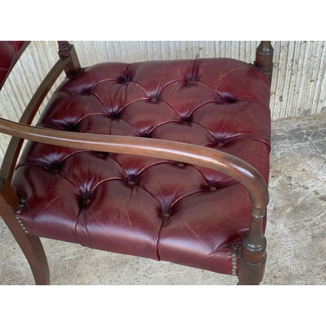 Set of Ten Restored Early 20th Century Chesterfield Hardwood Red Leather Dining Armchairs For Sale - Image 14 of 18