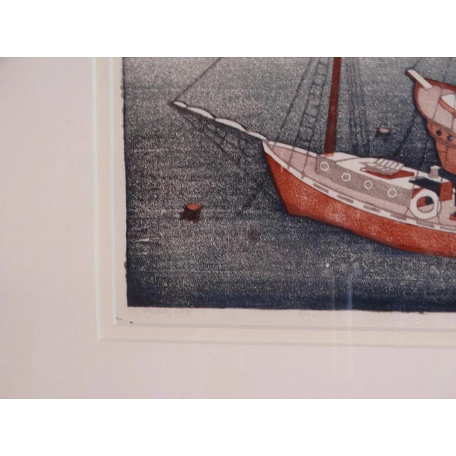 Figurative 1931 "Fishing Boats (Blue, Red & White)" Signed Nautical Block Print by Anders Aldrin, Framed For Sale - Image 3 of 8
