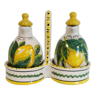 Vintage 1970s Italian Ceramic Oil & Vinegar Cruet Set W/ Lemons and Green Leaves, 3 PCS For Sale