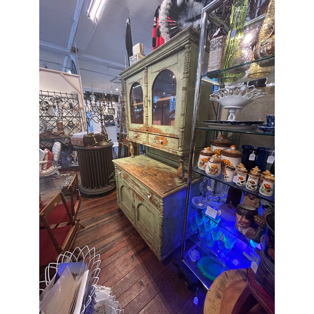 Antique Country Celadon Green Painted Distressed Stepback Cupboard Cabinet For Sale - Image 15 of 18