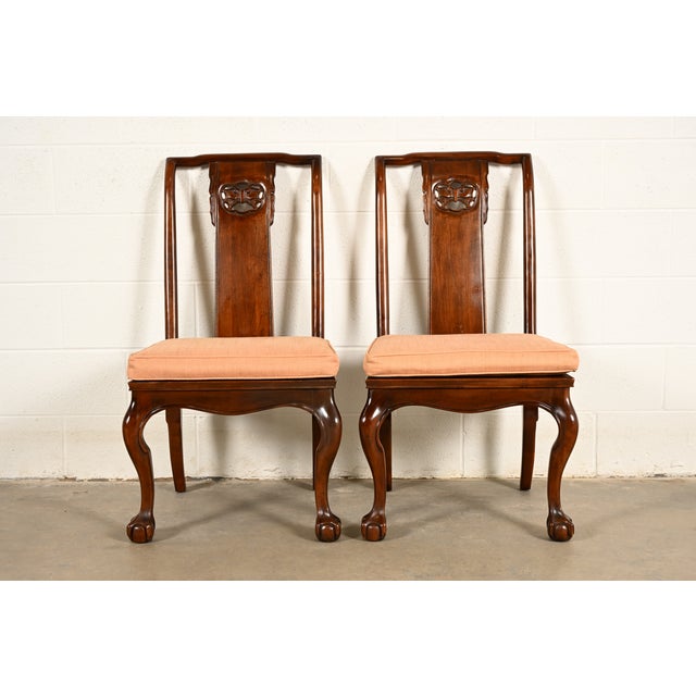 Drexel Heritage Hollywood Regency Chinoiserie Sculpted Mahogany Side Chairs or Dining Chairs, Pair For Sale - Image 15 of 15
