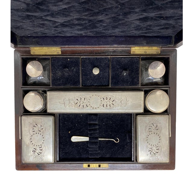 Wood Antique Rosewood Travel Box With Brass Inlay, Complete With All Interior Items For Sale - Image 7 of 8