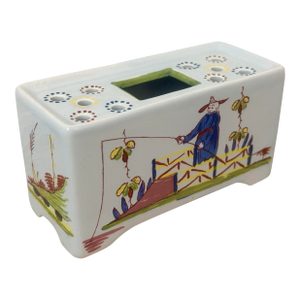 Vintage Williamsburg Restoration Chinoiserie Delft Flower Brick, Frog Produced in Holland, Featuring Hand-Painted Chinese Fishing Scenes