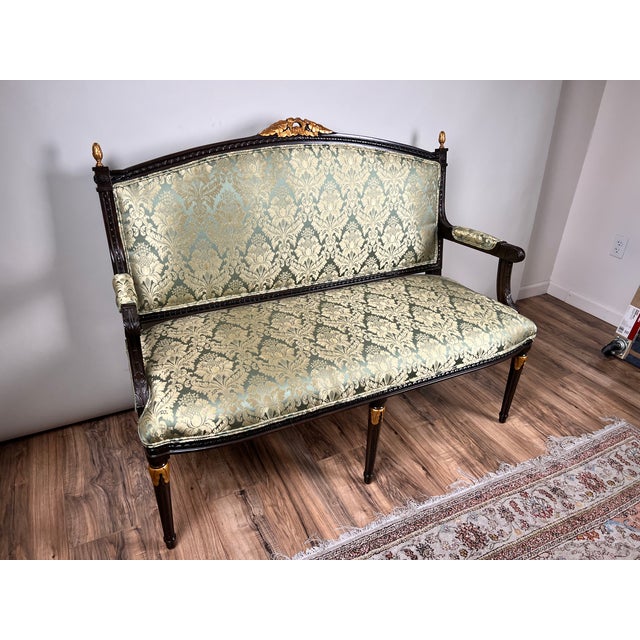 French Vintage Louis XVI Style Settee in Green Damask Upholstery 2 of 2 For Sale - Image 3 of 10