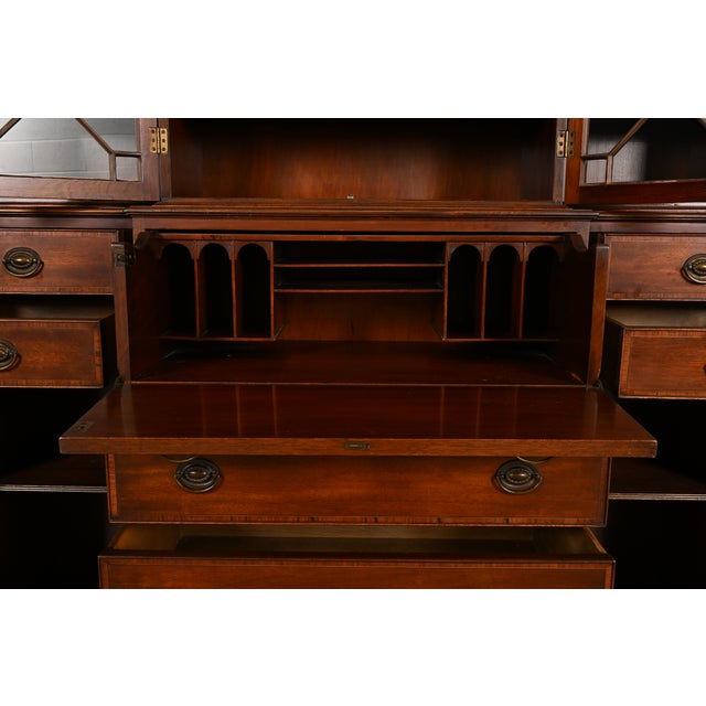 Wood Baker Furniture Style Federal Carved Mahogany Breakfront Bookcase Cabinet With Secretary Desk, Circa 1940s For Sale - Image 7 of 16