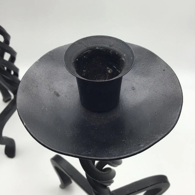 Vintage Brutalist Hand Wrought Twisted Iron Candle Holders Forged Hand Wrought Iron Brutalist Pair of Candlesticks For Sale - Image 4 of 10