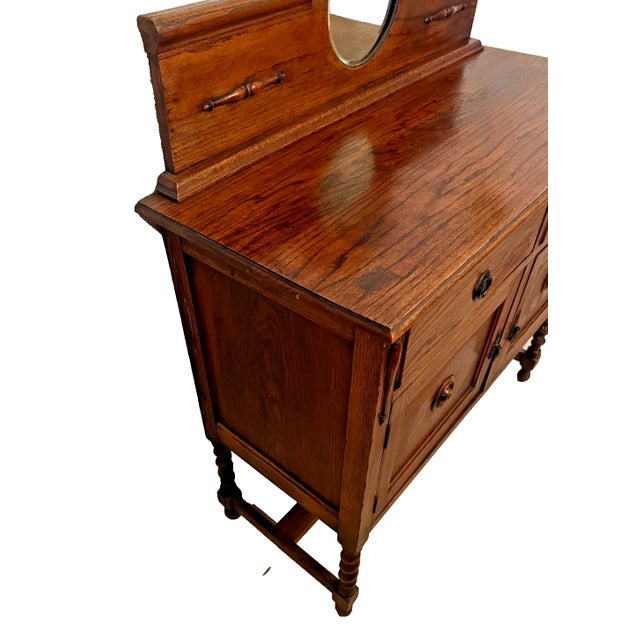 Antique Barley Twist Oak Server Cabinet Sideboard Buffet Console, Beveled Mirror For Sale - Image 9 of 17