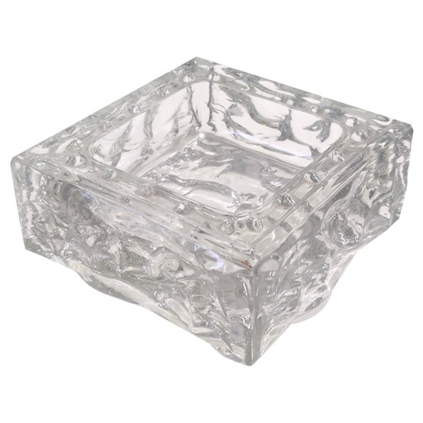 Vintage Square Transparent Molded Thick Glass Ashtray, Italy, 1960s For Sale
