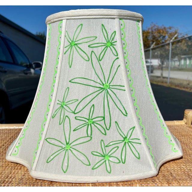 Retro Scalloped Floral Hand Painted Lamp Shade in Green For Sale - Image 4 of 13