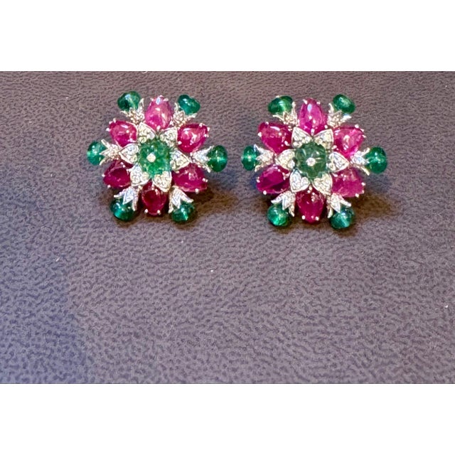 Tutti Frutti Earrings/ Natural Emerald Rubellite Earrings/ Carving Leaf 18 KWG For Sale - Image 10 of 18