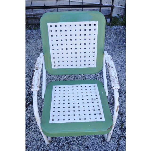 Early 20th Century Metal Basketweave Green White Porch Outdoor Spring Arm Chair For Sale - Image 4 of 9