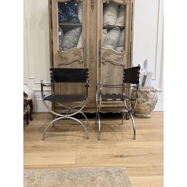 19th Century Black Leather Savonarola Chairs For Sale - Image 4 of 5
