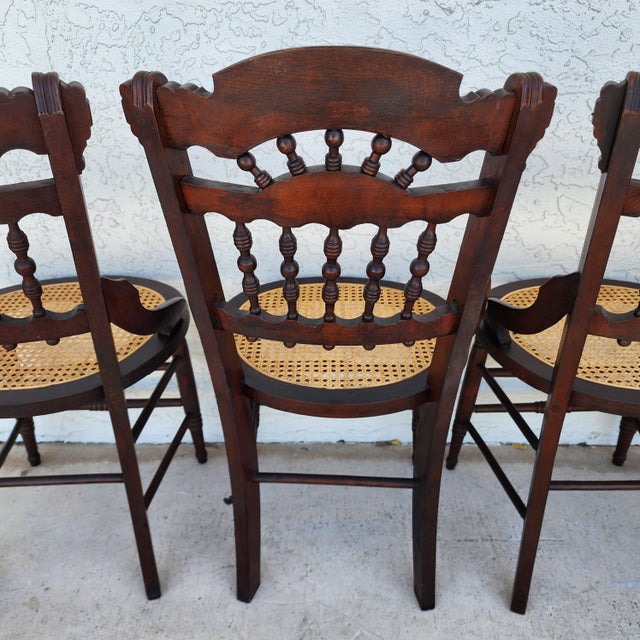 Antique Eastlake Victorian Style Walnut Cane Seat Side Dining Chairs Set of 4 For Sale - Image 13 of 13