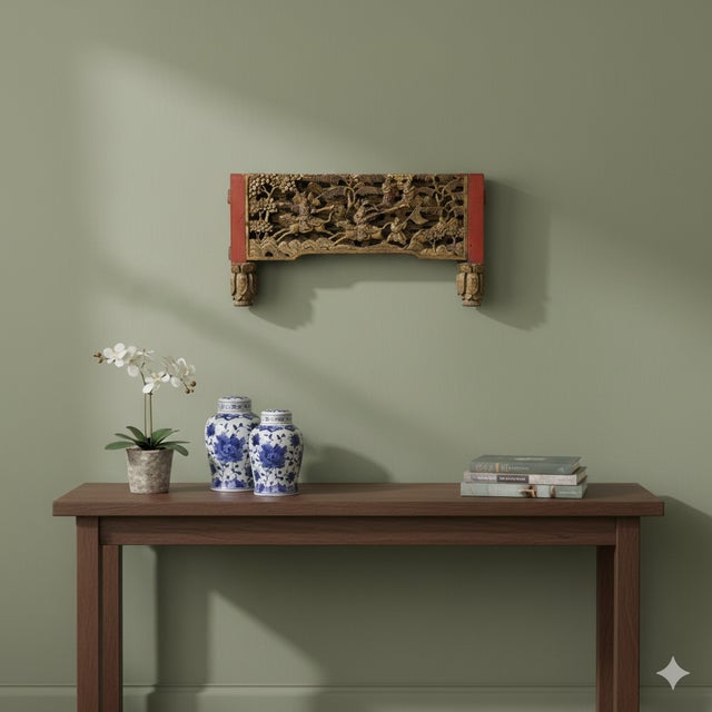 Wood Chinese Vintage Wood Golden Relief Carving Wall Hanging Art Plaque For Sale - Image 7 of 7