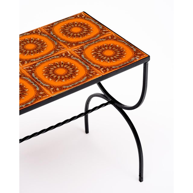 1970s French Mid-Century Orange Ceramic Tile and Wrought Iron Side Table From Vallauris For Sale - Image 5 of 9