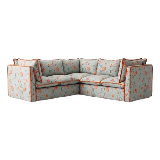 Sophie Conran Coco 3x3 Sectional Sofa - Andrew Martin Wildwood Duck Egg with Contrast Welt Knife Edge Cushion For Sale