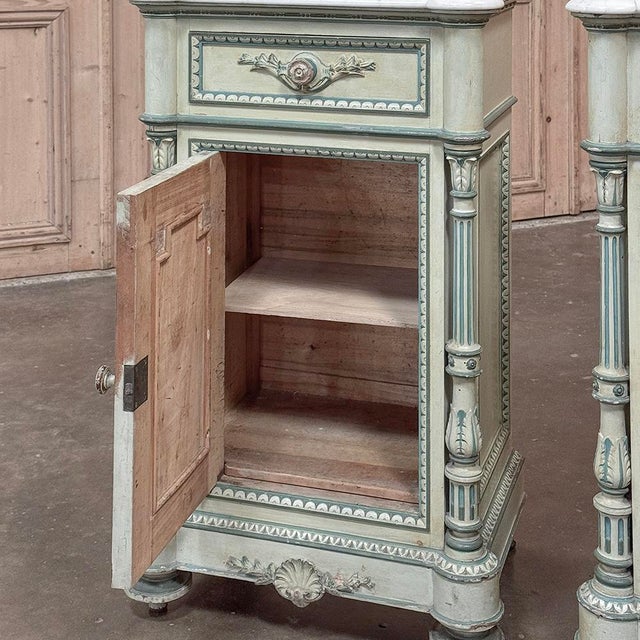 Pair 19th Century French Louis XVI Painted Nightstands With Carrara Marble For Sale - Image 14 of 18