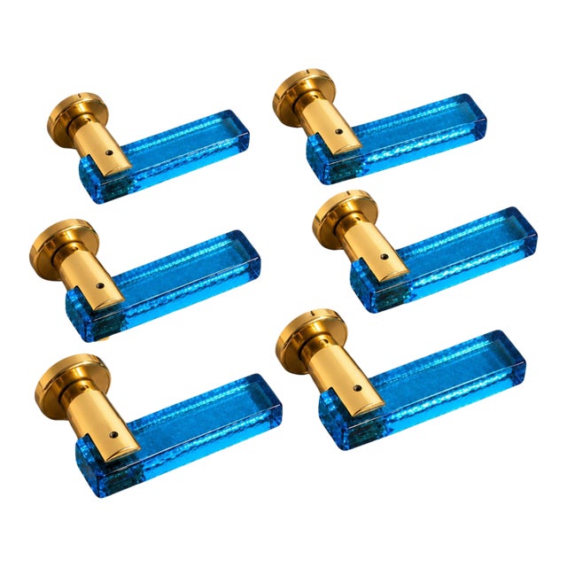 Set of Six 1970s Italian Blue Murano Glass and Brass Door Handles For Sale