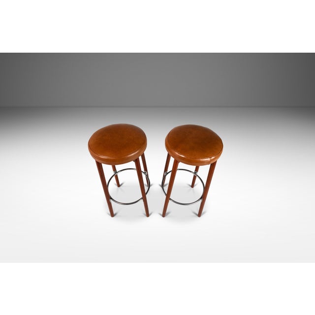 Mid-Century Modern Set of Two (2) Danish Modern Barstools in Solid Teak & Leather by Hugo Frandsen for Spøttrup Mobler, Denmark, C. 1960's For Sale - Image 3 of 17