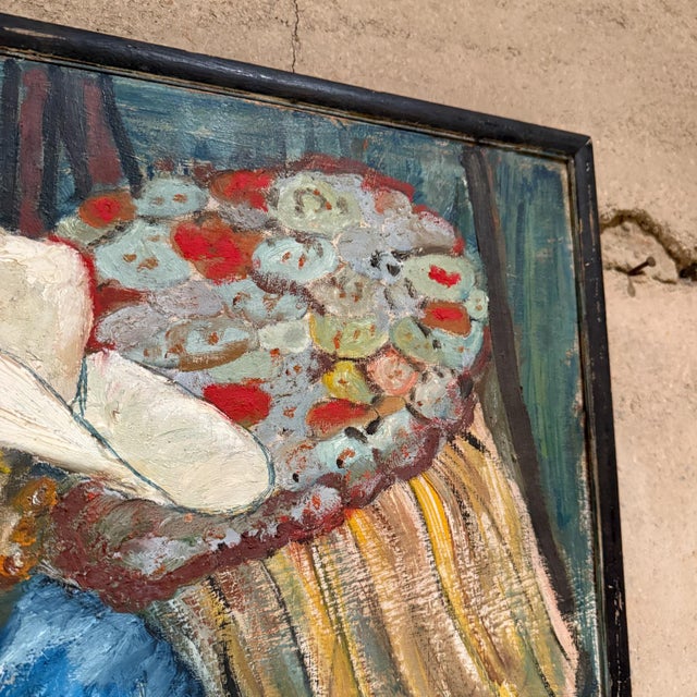 1970s Latin American Art Flower Vendor Oil on Wood For Sale - Image 12 of 12