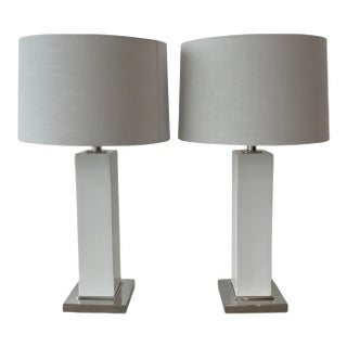 Mitchell Gold & Bob Williams Modern White Column Table Lamps With Drum Shades - Set of 2 For Sale