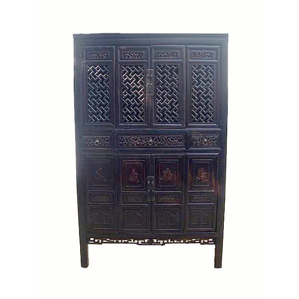 Dark Reddish Brown Lattice and Carved Cabinet For Sale - Image 4 of 7