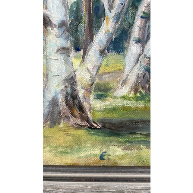 Rustic European Original Vintage Oil Painting. Landscape, Birch Trees, and Barn. For Sale - Image 3 of 4
