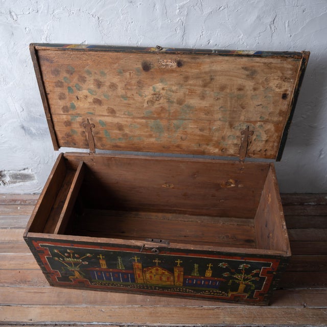 Black Romanian Painted Blanket Chest With Church Motif, c.1900 For Sale - Image 8 of 14