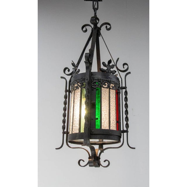 French Lustre Colored Glass & Wrought Iron Pendant Light, Late 19th Century For Sale - Image 3 of 14