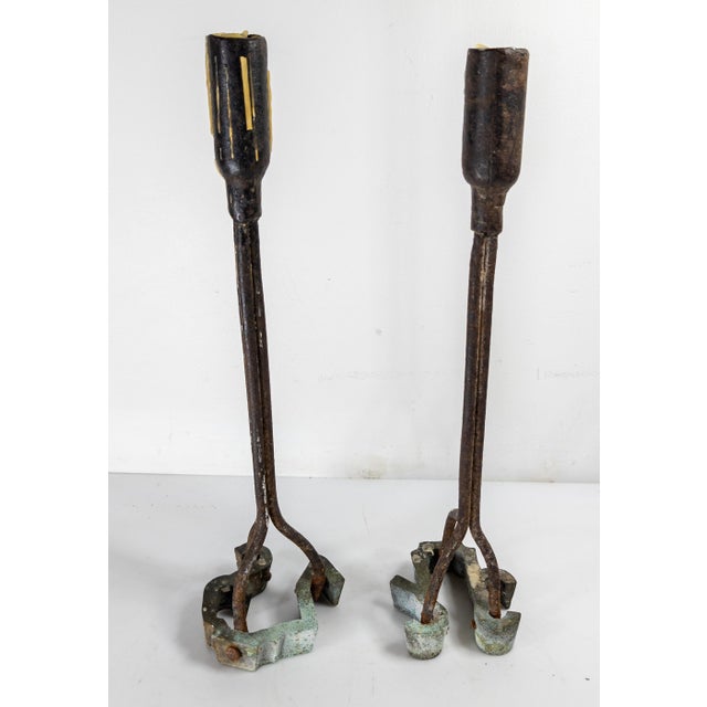Mid-Century Pair of Brutalist Wrought Iron Blacksmith Cattle Brand Candlesticks For Sale - Image 4 of 9