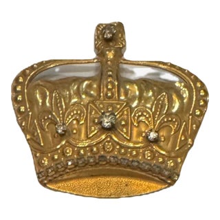Signed Miriam Haskell Mid-Century Crown Brooch in Gold-Tone With Rhinestones For Sale