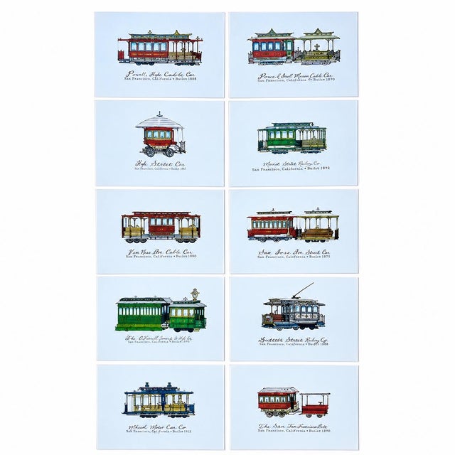 A wonderful complete set of 10 lithograph illustrated prints depicting historic San Francisco cable cars, trolleys, and...
