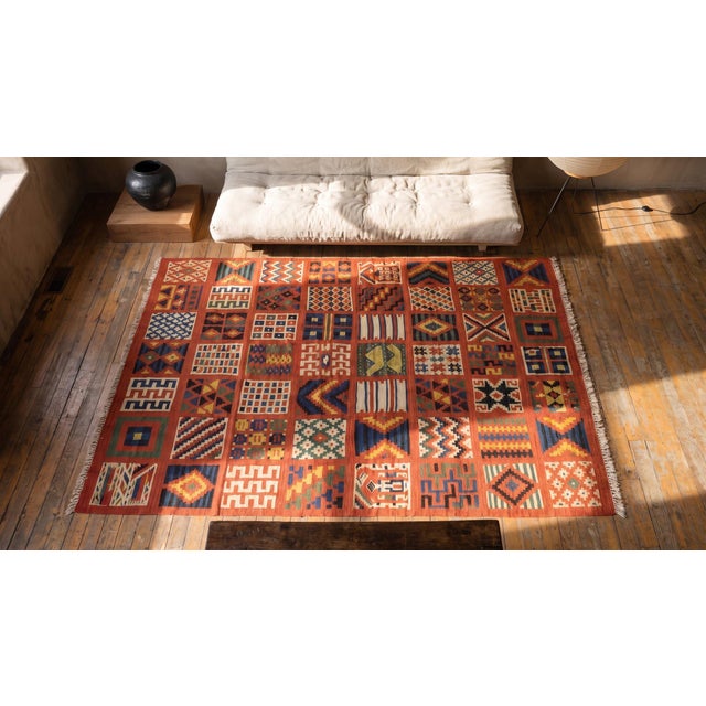 Extraordinary Red-Raspeberyy Background Color With Phenomenal Geometric Design Antique Tunisian Gafsa Rug For Sale - Image 14 of 15