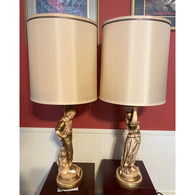 Mid 20th Century Vintage Figural Lamps, Young Man and Young Woman Carrying Fruit Baskets - a Pair For Sale - Image 5 of 12