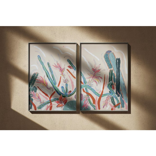 Bottle Green 2026, Illustration Style Painting, Blooming Cacti, Desert Cactus Diptych, Acrylic Paint on Watercolor Paper by Romina Milano For Sale - Image 8 of 10