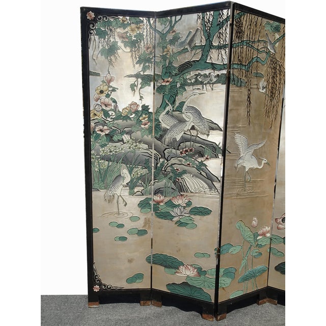 Vintage Silver Chinese Asian Six Panel Screen ~ Room Divider W Heron Birds For Sale In Los Angeles - Image 6 of 18