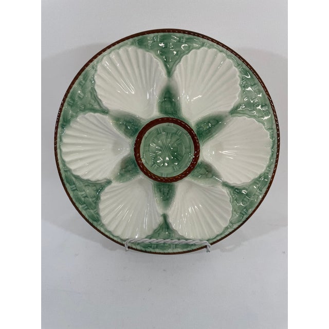1930s French Longchamp Green and White Majolica Oyster Plate For Sale - Image 11 of 14