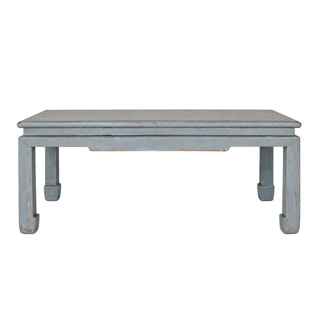 Vintage Swedish Blue-Grey Wash Wood Coffee Table With Ming Style Leg and Shagreen Top For Sale - Image 4 of 13