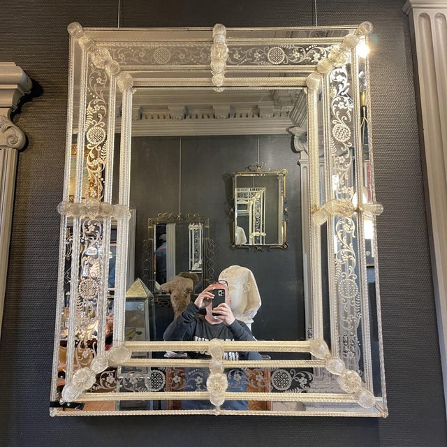 Early 20th Century Mirror with Engraved Murano Glass Panels from Barovier & Toso For Sale - Image 12 of 13