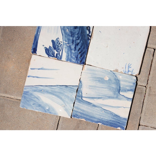 18th Century Antique Set of Six Baroque Portuguese Tiles, 18th Century Blue & White Scenic and Botanical Motifs For Sale - Image 5 of 6