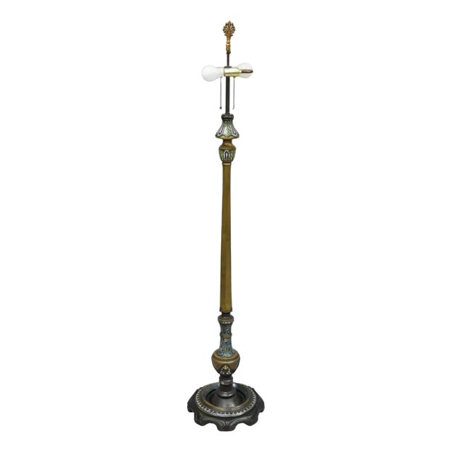 Antique Cloisonne Chinese Patinated Bronze Porcelain Enamel Pole Floor Lamp For Sale