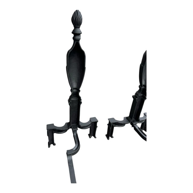 Pair of 1920s Neoclassical Cast Iron Fireplace Andirons With Urn Finials For Sale - Image 12 of 17