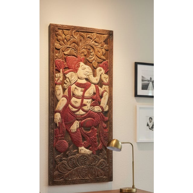 Mid-Century Modern Vintage Carved Blessing Ganesha Wall Sculpture – Handcrafted Indian Wooden Door Panel 83x36 For Sale - Image 3 of 7